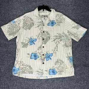 Caribbean Joe Hawaiian Shirt Mens XL Beige Blue Floral Rayon Short Sleeve Adult‎